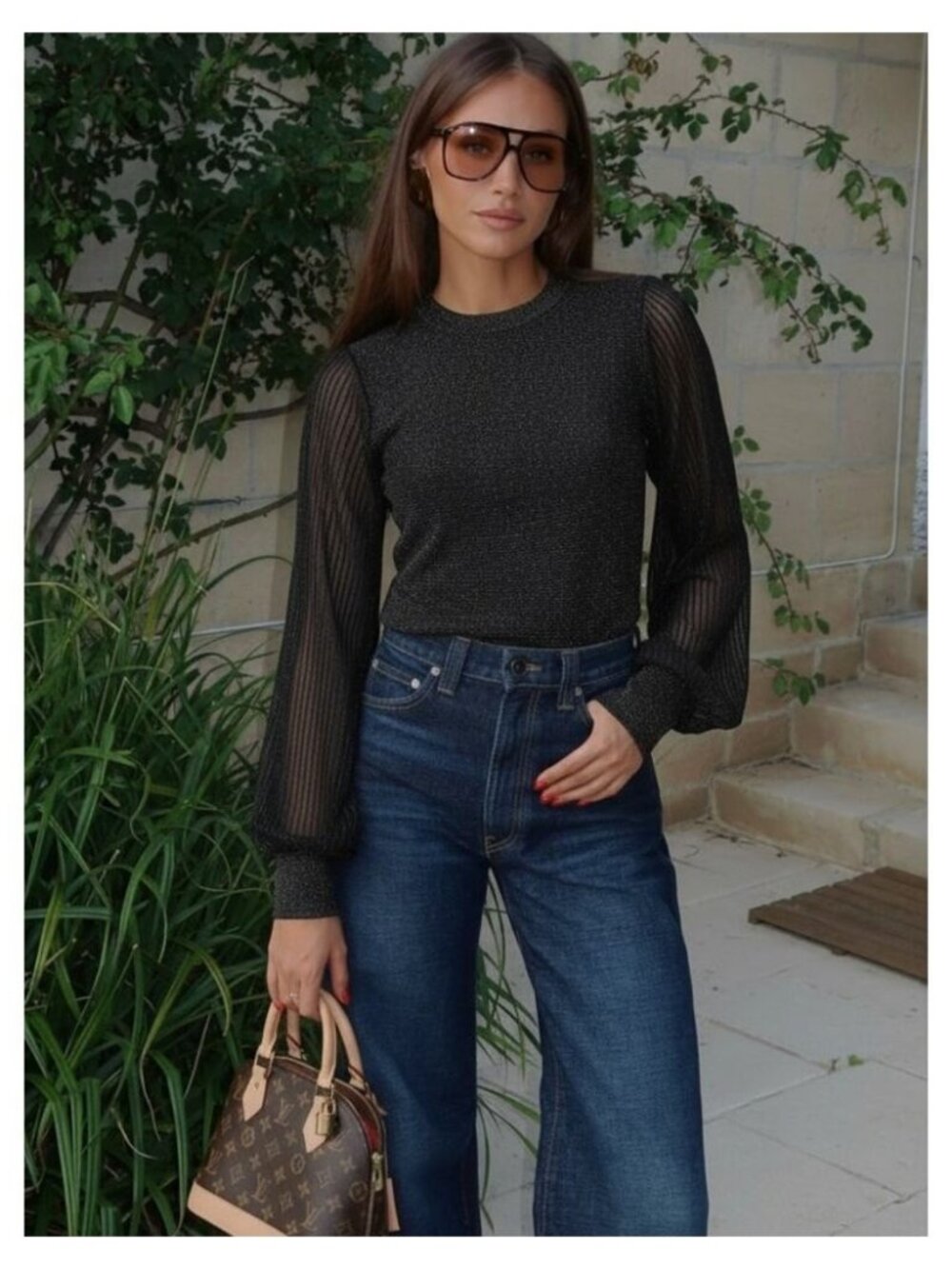 REISS Stella Metallic Semi-Sheer Sleeve Top Size XS
